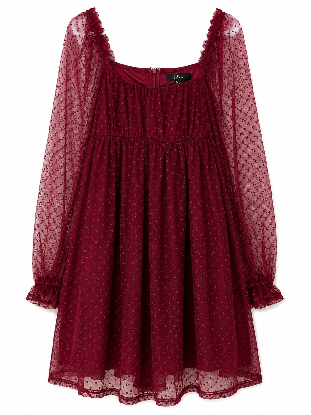 Lulus Burgundy Swiss Dot Mesh Long Sleeve Mini Dress – Size Medium